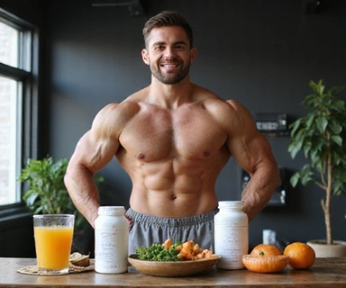 Men's wellness routine with energy-boosting supplements and vitality products