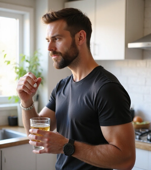 Man taking vitality supplement with water during morning routine